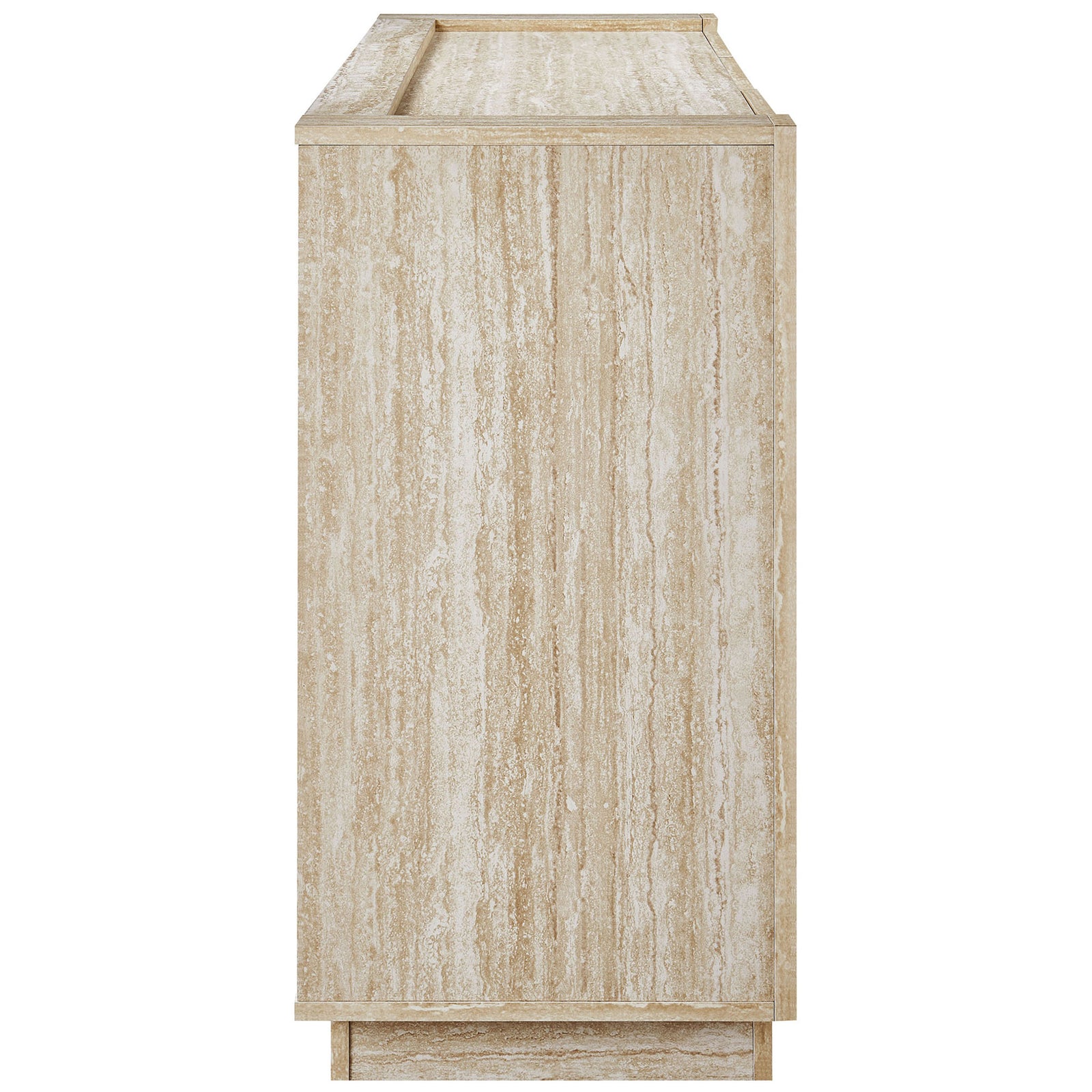 Slim travertine sideboard profile showcasing waterfall-style edges and modern plinth base || EEI-6906-TRA || side_studio