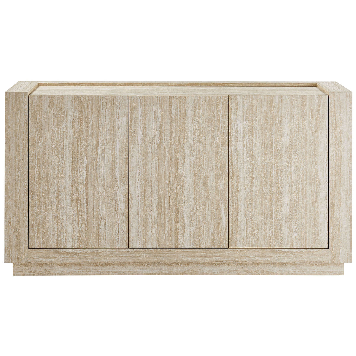Minimalist travertine sideboard with three flat-front doors for streamlined modern storage || EEI-6906-TRA || front_studio