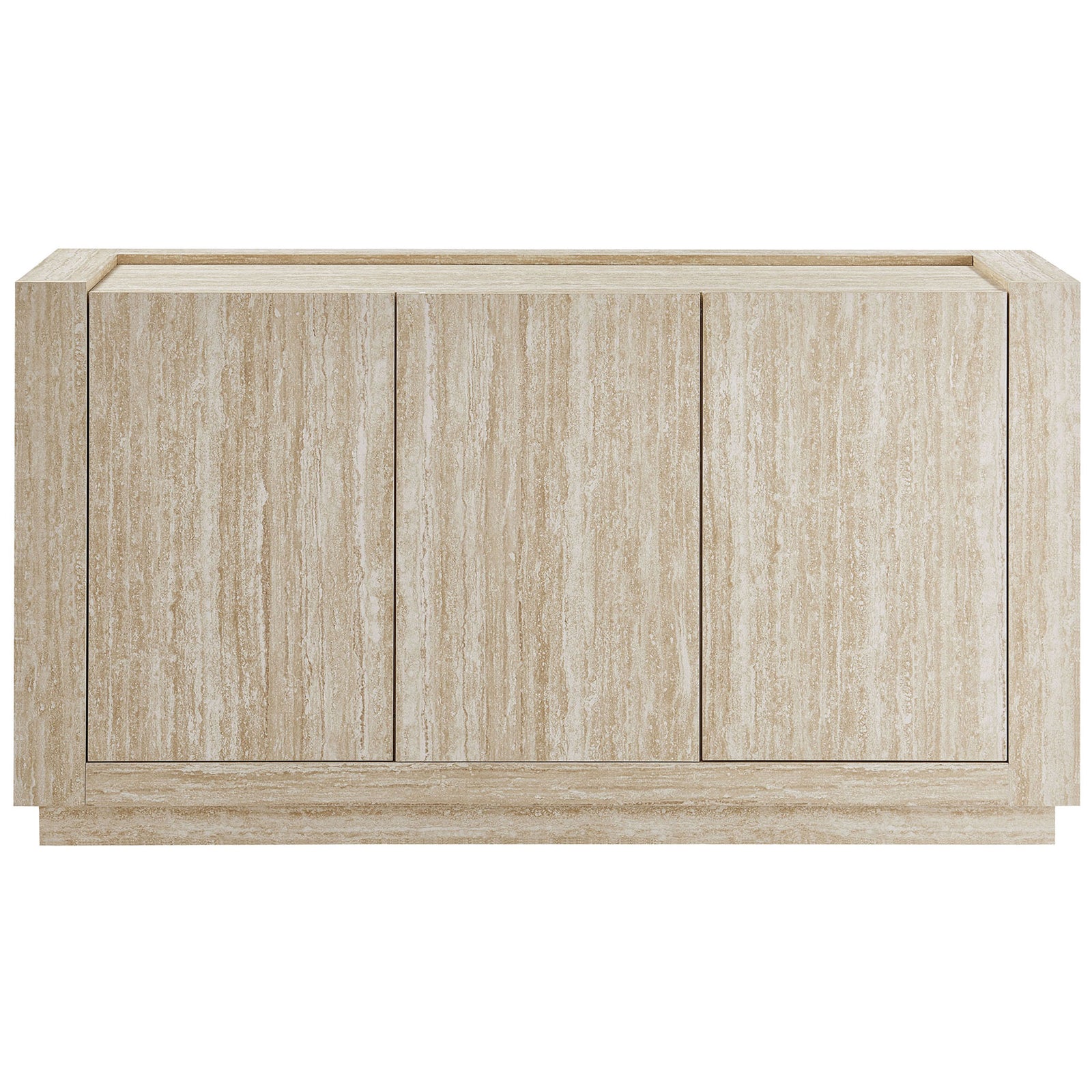 Minimalist travertine sideboard with three flat-front doors for streamlined modern storage || EEI-6906-TRA || front_studio