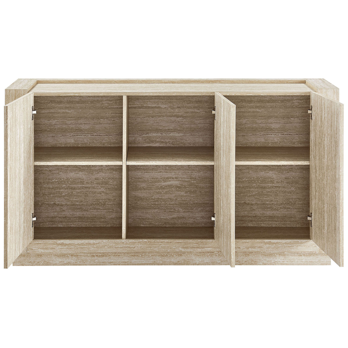 Open three-door sideboard revealing spacious six-cube interior with adjustable shelving || EEI-6906-TRA || front_open_studio