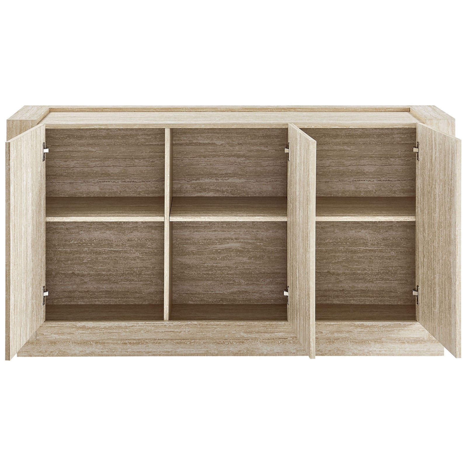 Open three-door sideboard revealing spacious six-cube interior with adjustable shelving || EEI-6906-TRA || front_open_studio