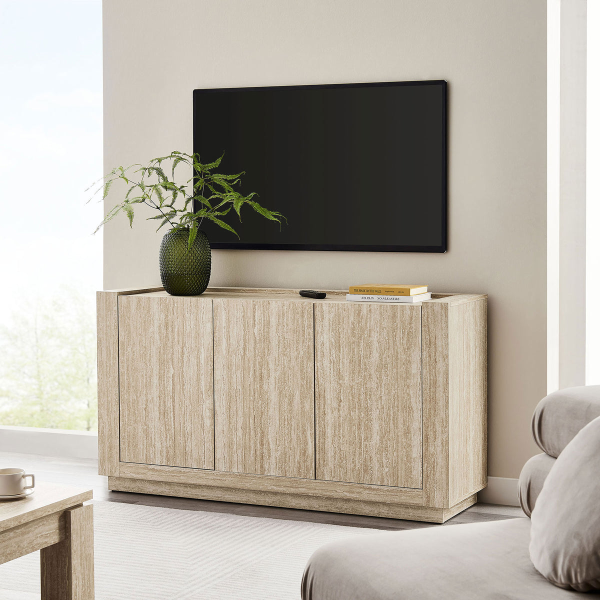 Hollis sideboard serving as a sleek TV console with ample storage for media essentials || EEI-6906-TRA || front_room