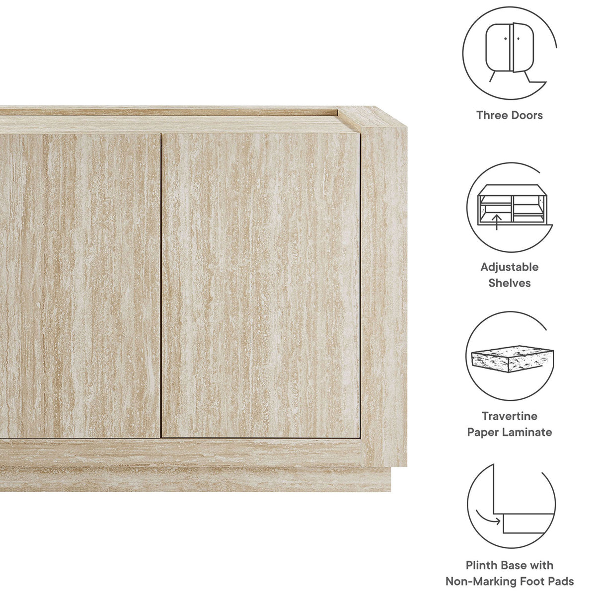 Feature highlights of the Hollis travertine sideboard including doors, shelves, and plinth base || EEI-6906-TRA || callout_studio