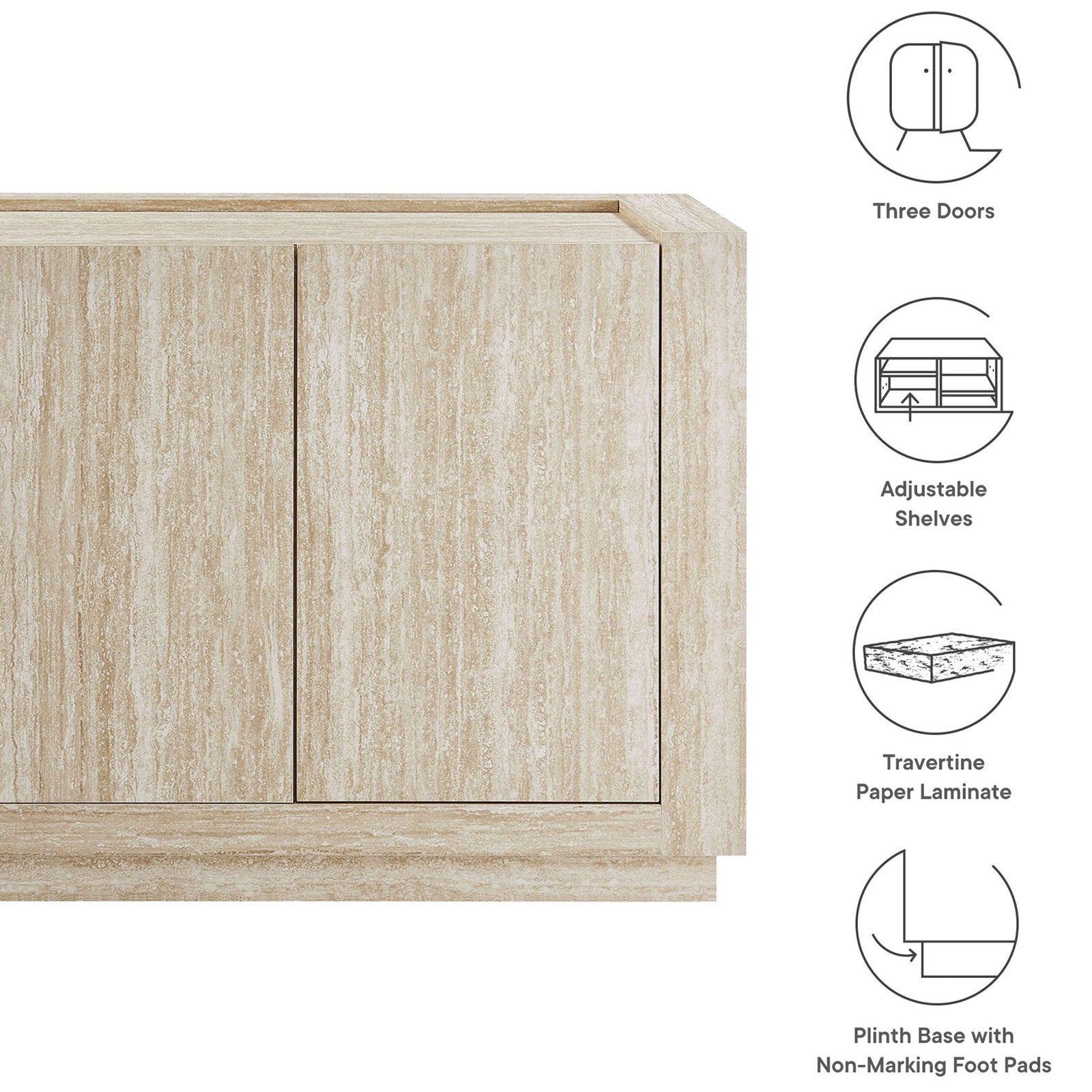 Feature highlights of the Hollis travertine sideboard including doors, shelves, and plinth base || EEI-6906-TRA || callout_studio