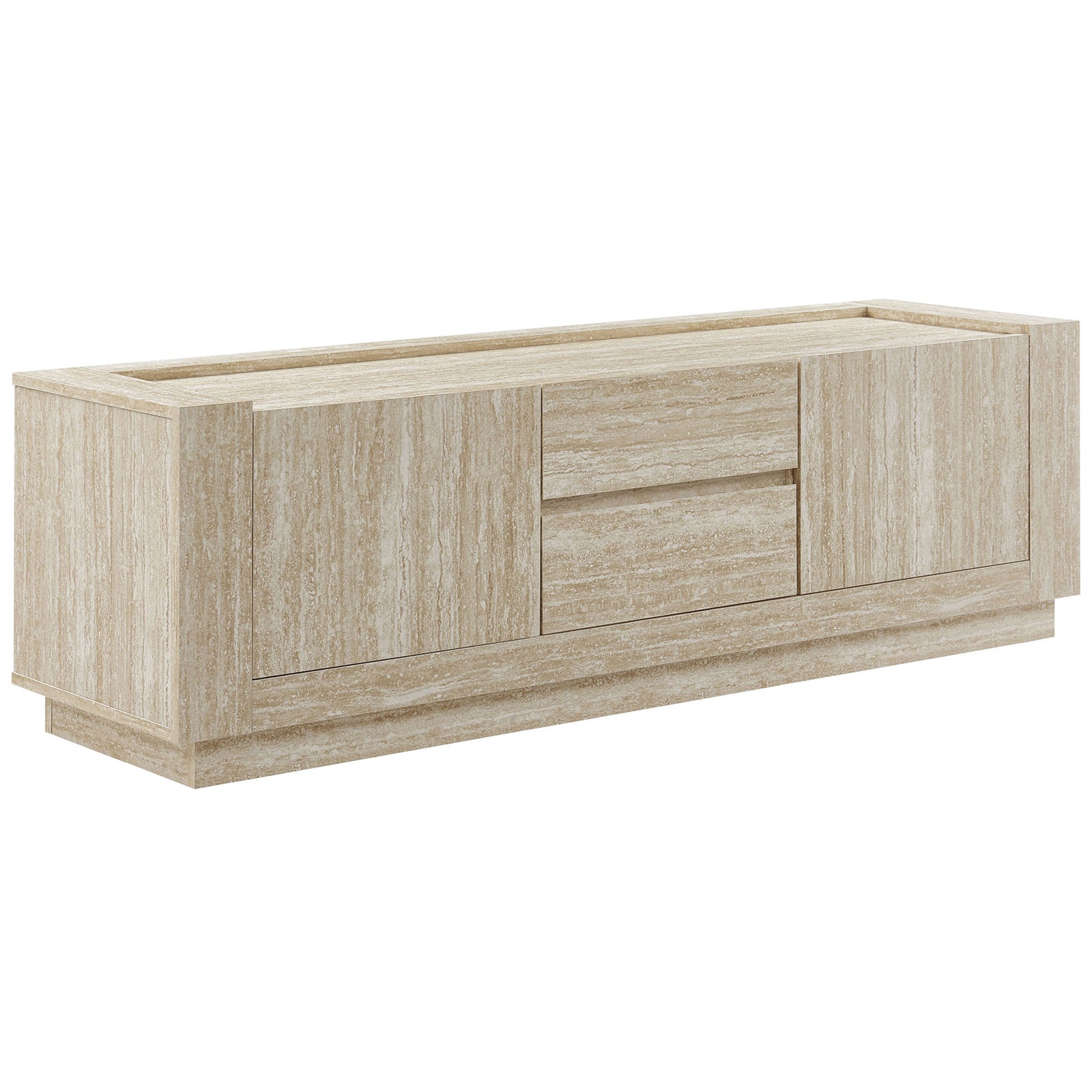 Travertine TV stand with two doors, two center drawers, and a low plinth base for modern living rooms || EEI-6907-TRA || front_angle_studio