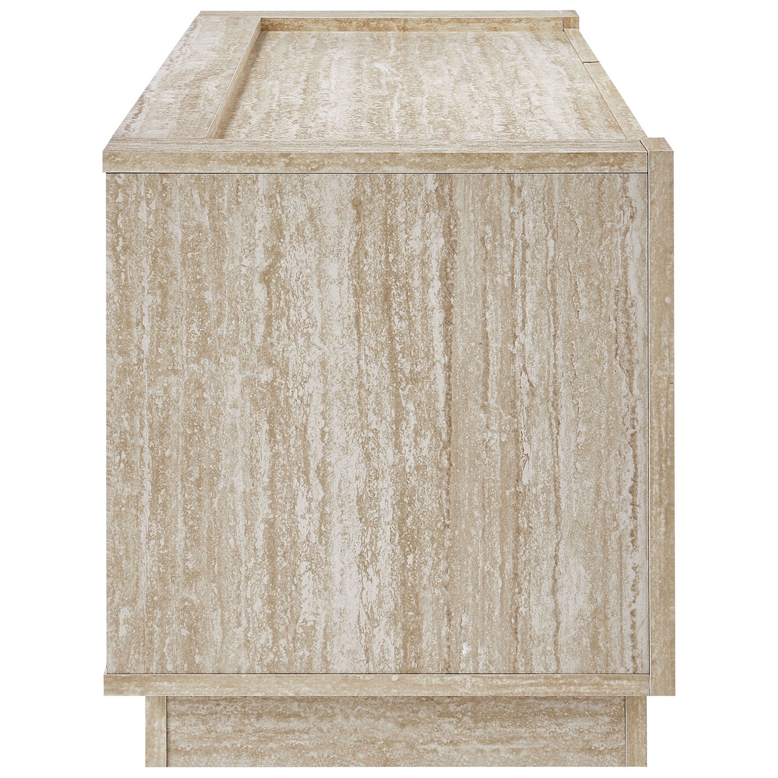 Streamlined travertine TV stand showing the thick side panels and sturdy plinth base for a grounded look || EEI-6907-TRA || side_studio