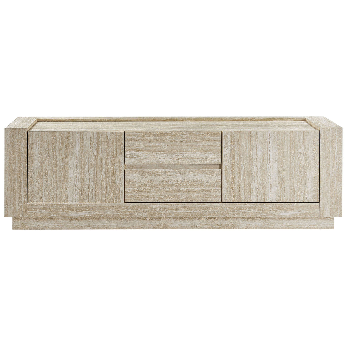 Modern travertine TV stand with seamless doors, center drawers, and a spacious top for your screen || EEI-6907-TRA || front_studio