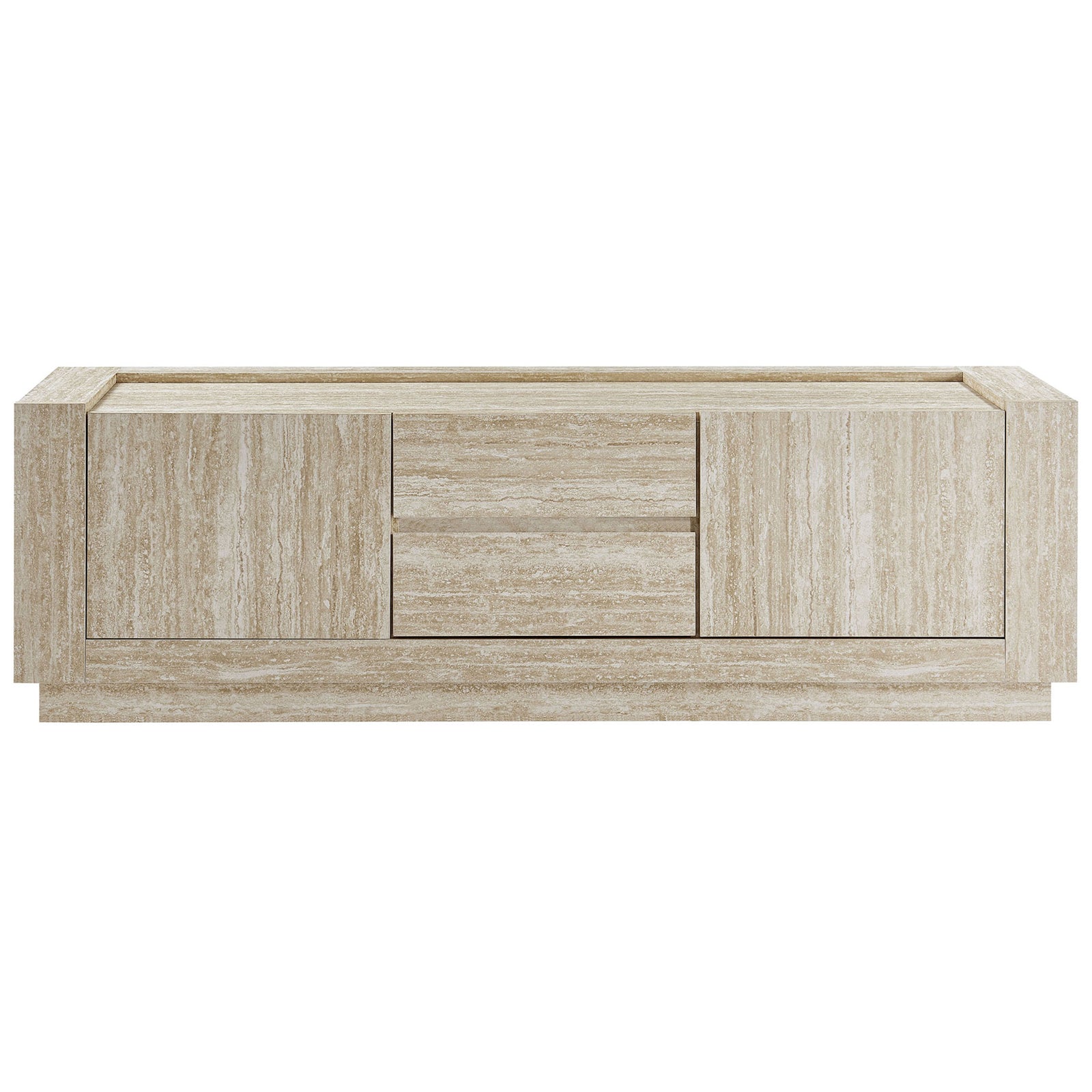 Modern travertine TV stand with seamless doors, center drawers, and a spacious top for your screen || EEI-6907-TRA || front_studio