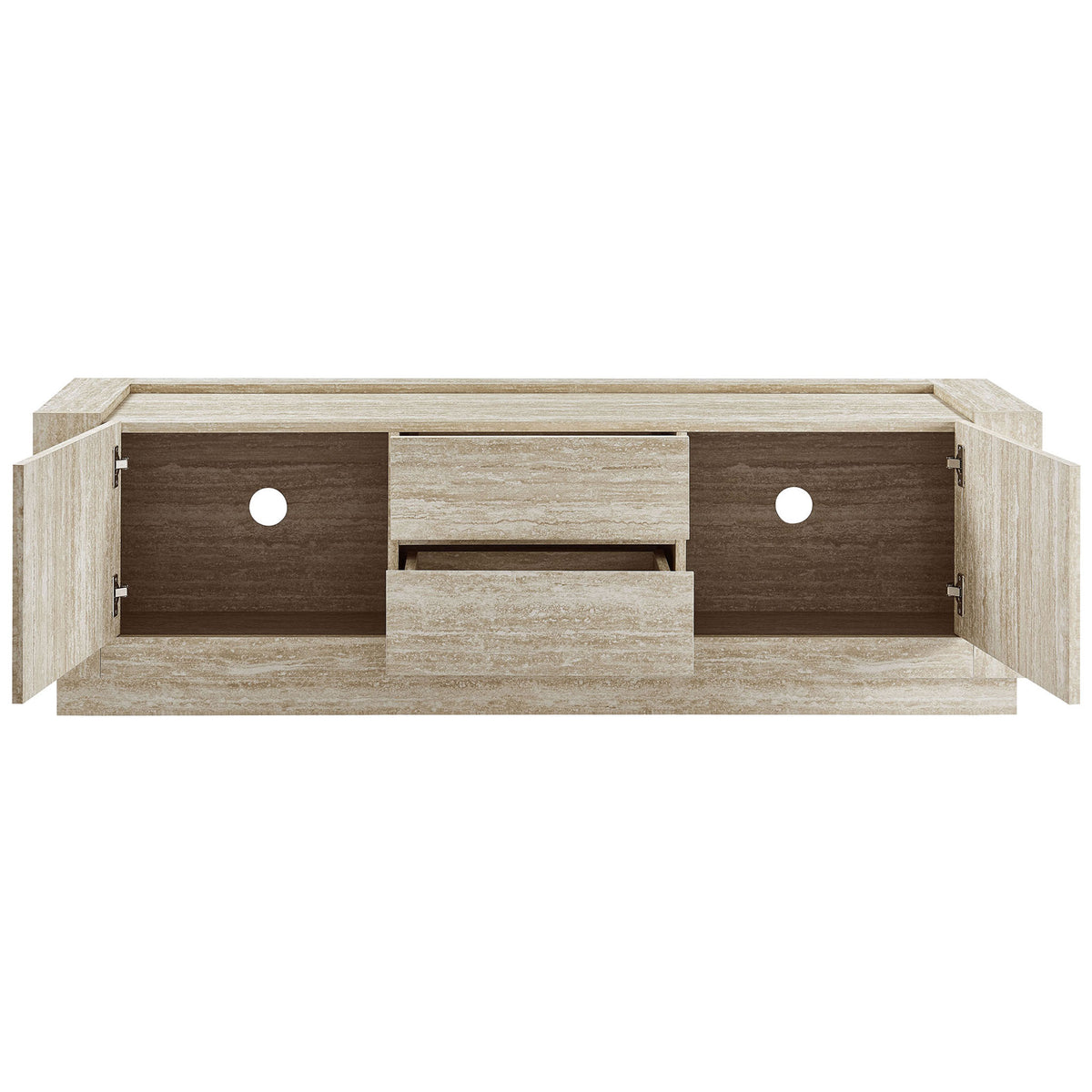 TV stand with both doors open and drawers pulled out, revealing generous storage for media essentials || EEI-6907-TRA || front_open_studio
