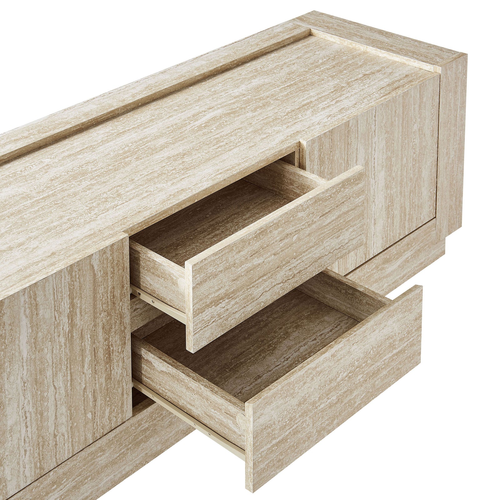 TV stand drawers extended to show deep storage space with a sleek travertine finish || EEI-6907-TRA || storage_open_studio