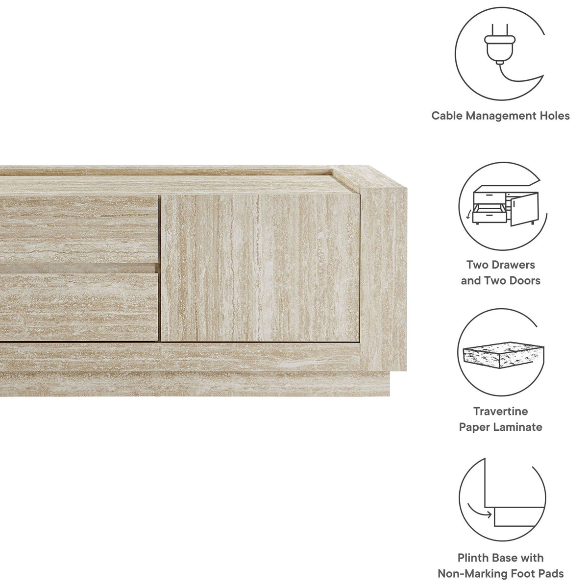 TV stand feature callouts highlighting cable management holes, drawers, doors, travertine finish, and base || EEI-6907-TRA || callout_studio