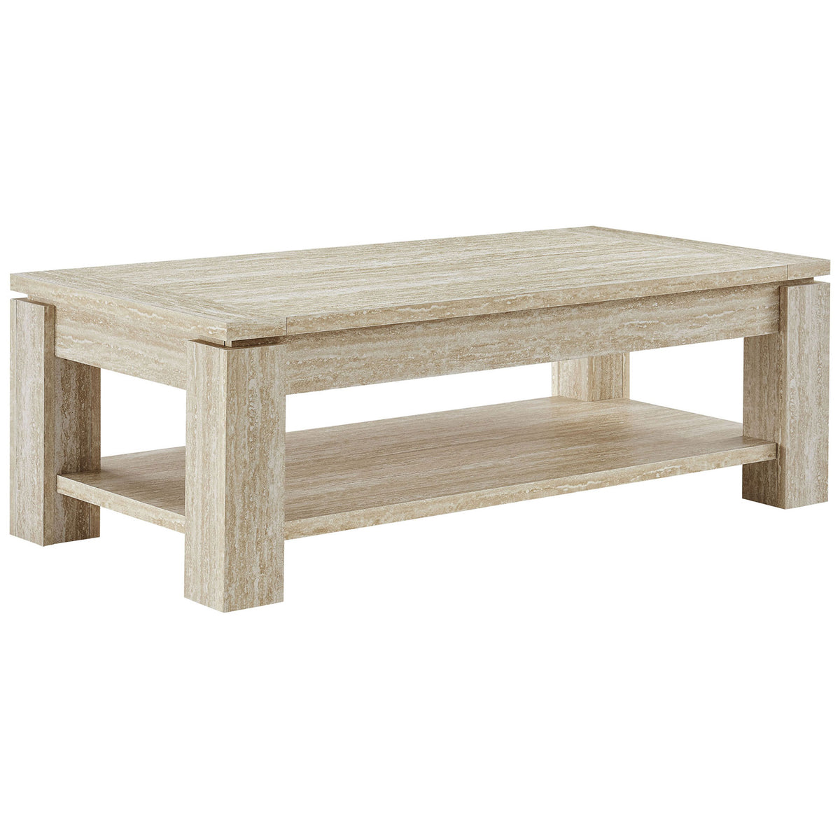 Rectangular coffee table with faux travertine finish, bold square legs, and an open lower shelf for storage || EEI-6908-TRA || front_angle_studio