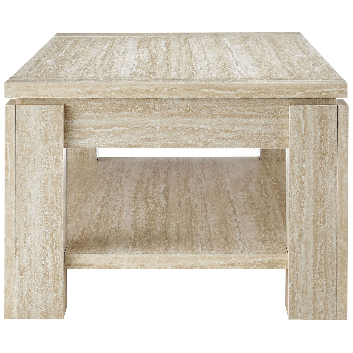 Thick tabletop, sturdy square legs, and a spacious open shelf in a warm travertine look || EEI-6908-TRA || side_studio