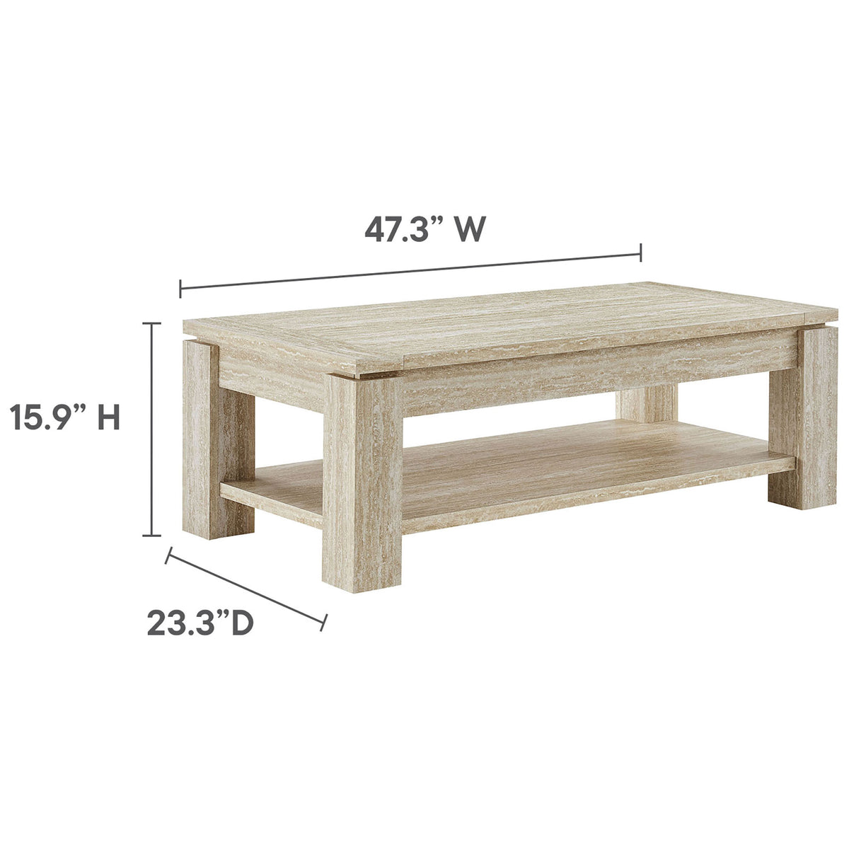 Dimensions shown for the rectangular travertine-look coffee table with lower shelf || EEI-6908-TRA || dimension_studio