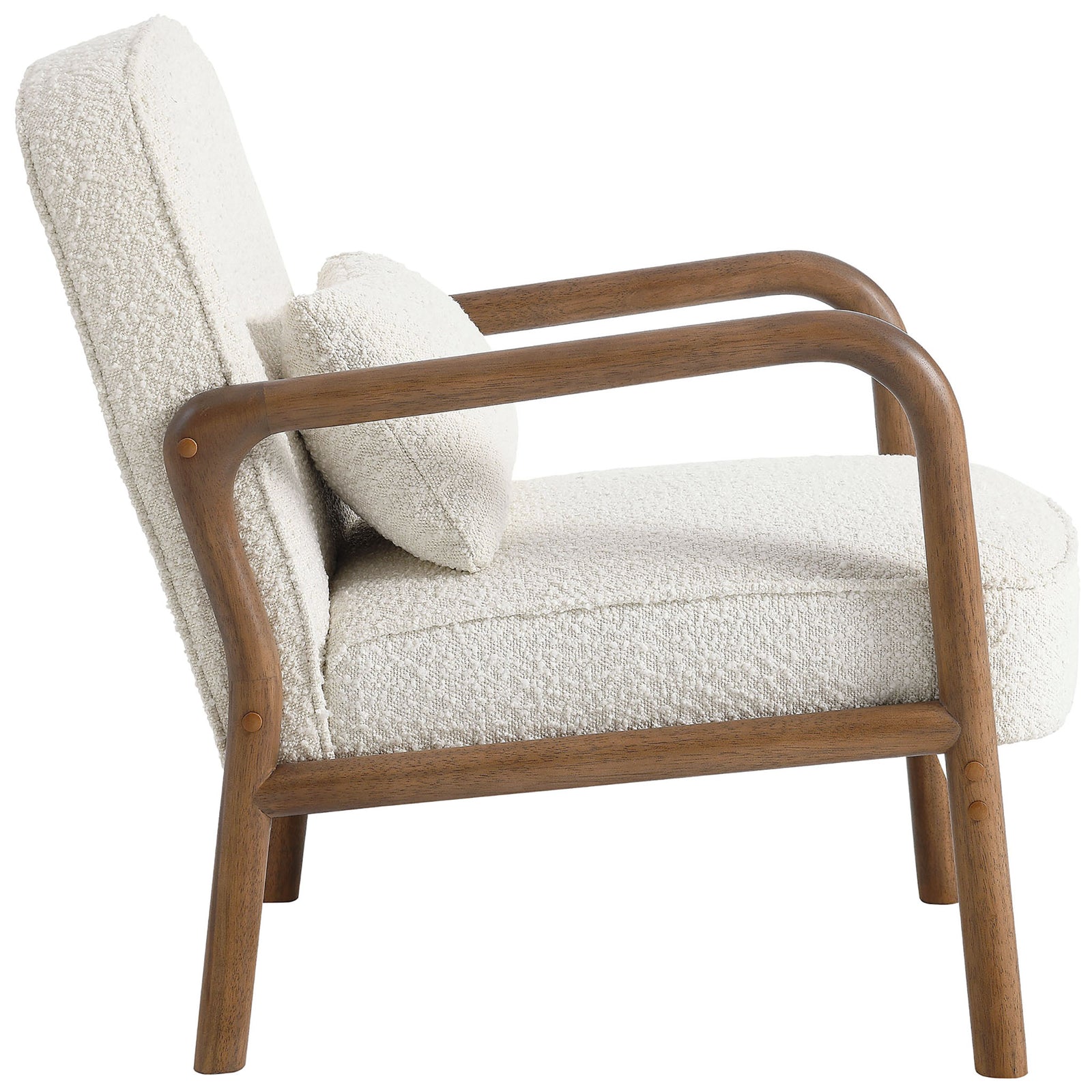 Sculpted wood arms frame plush boucle seat and lumbar pillow in warm ivory || EEI-6909-IVO || side_studio