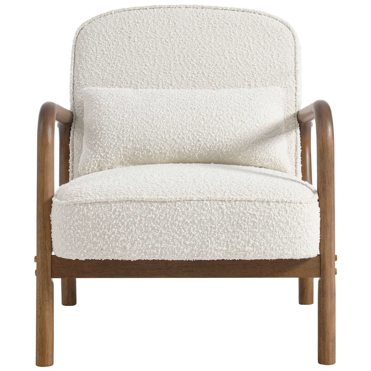 Ivory boucle armchair with curved wooden arms and matching lumbar pillow || EEI-6909-IVO || front_studio