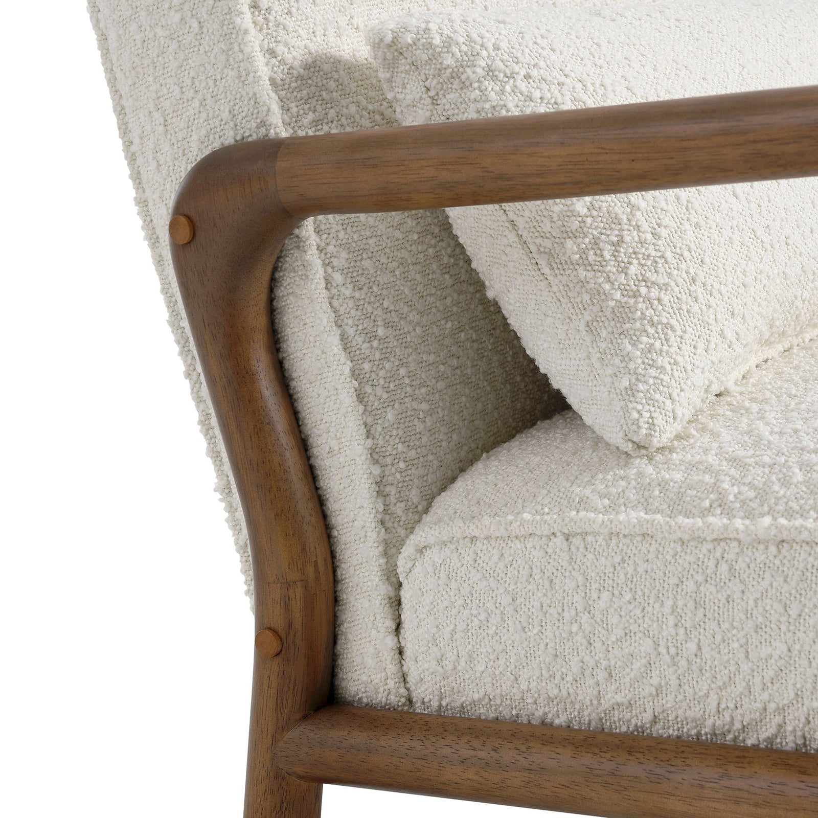 Boucle texture pairs with a smooth curved wood arm and refined joinery || EEI-6909-IVO || detail_studio