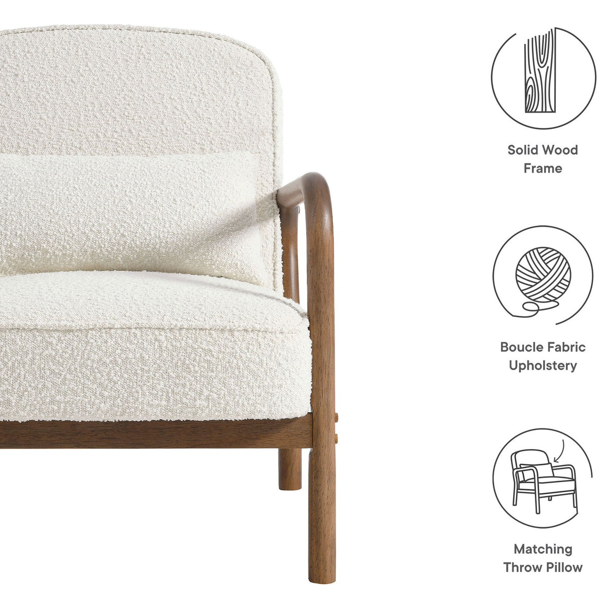 Solid wood frame, textured boucle upholstery, and matching lumbar pillow highlighted || EEI-6909-IVO || callout_studio