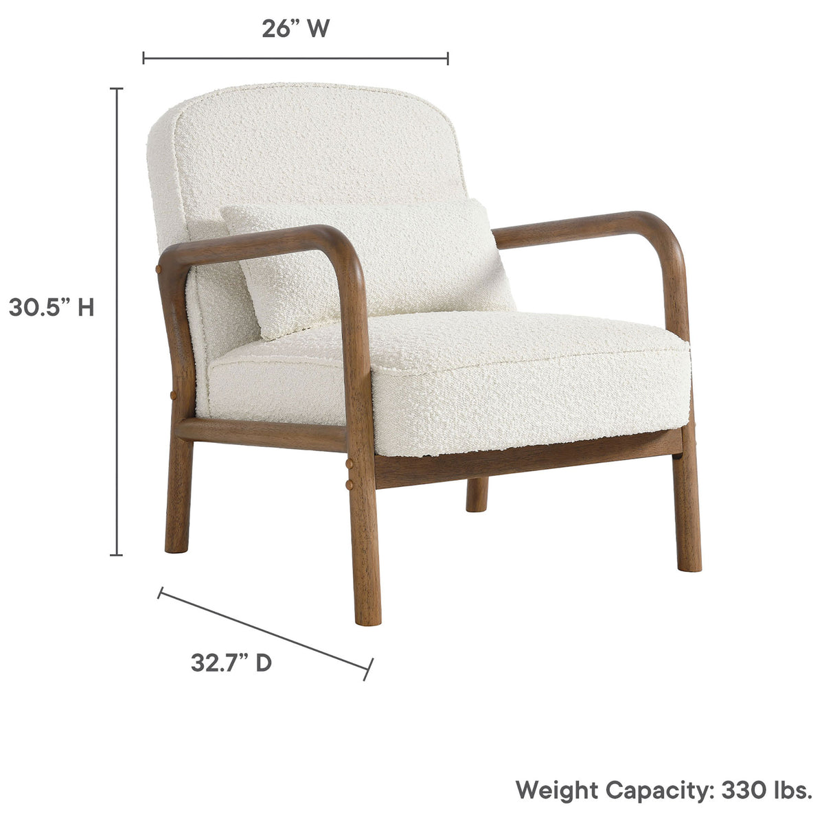 Compact lounge chair with generous seat and supportive lumbar pillow, 26 in. wide || EEI-6909-IVO || dimension_studio