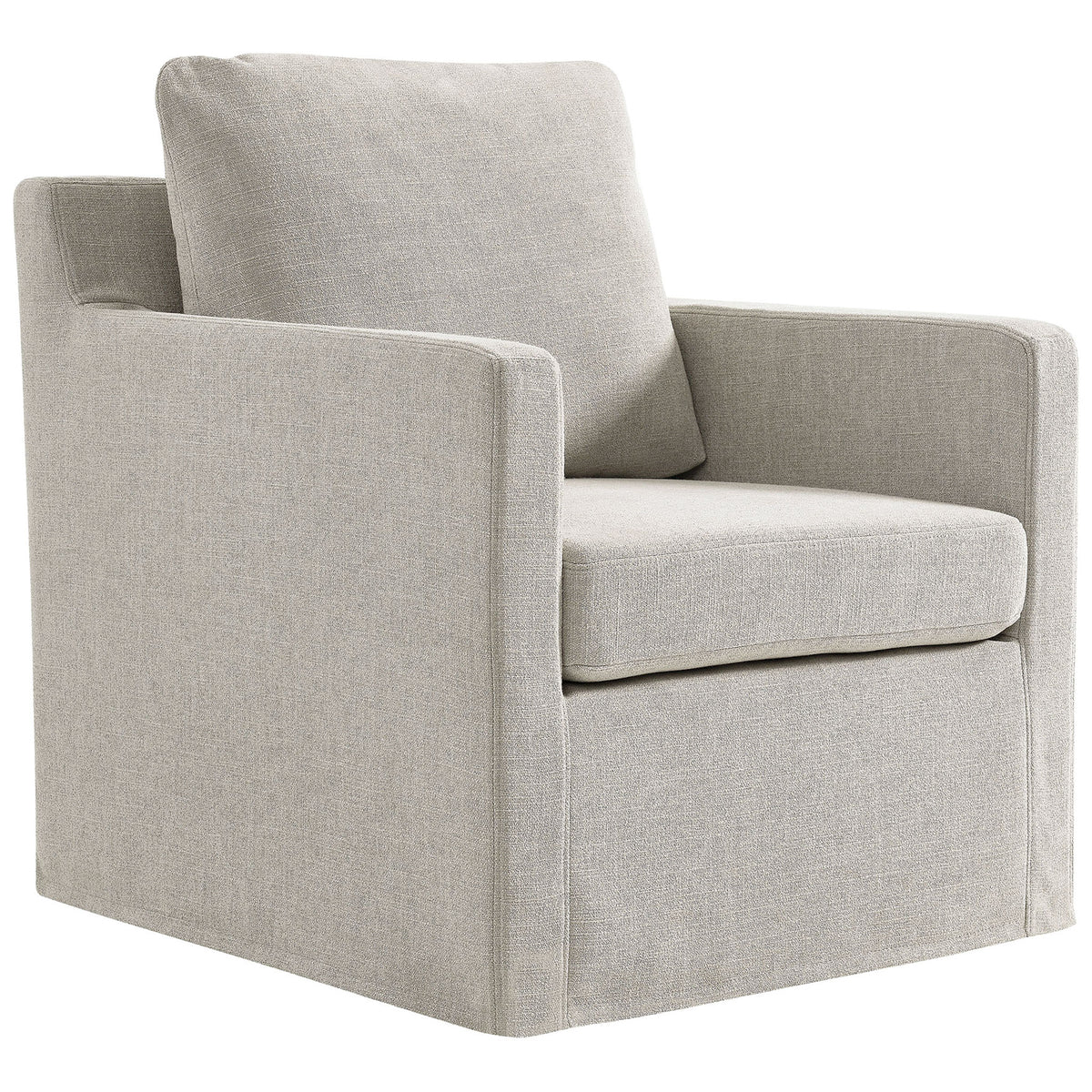 Slipcovered swivel armchair in linen-look fabric with plush removable cushions and clean, tailored lines || EEI-6910-LIN || front_angle_studio