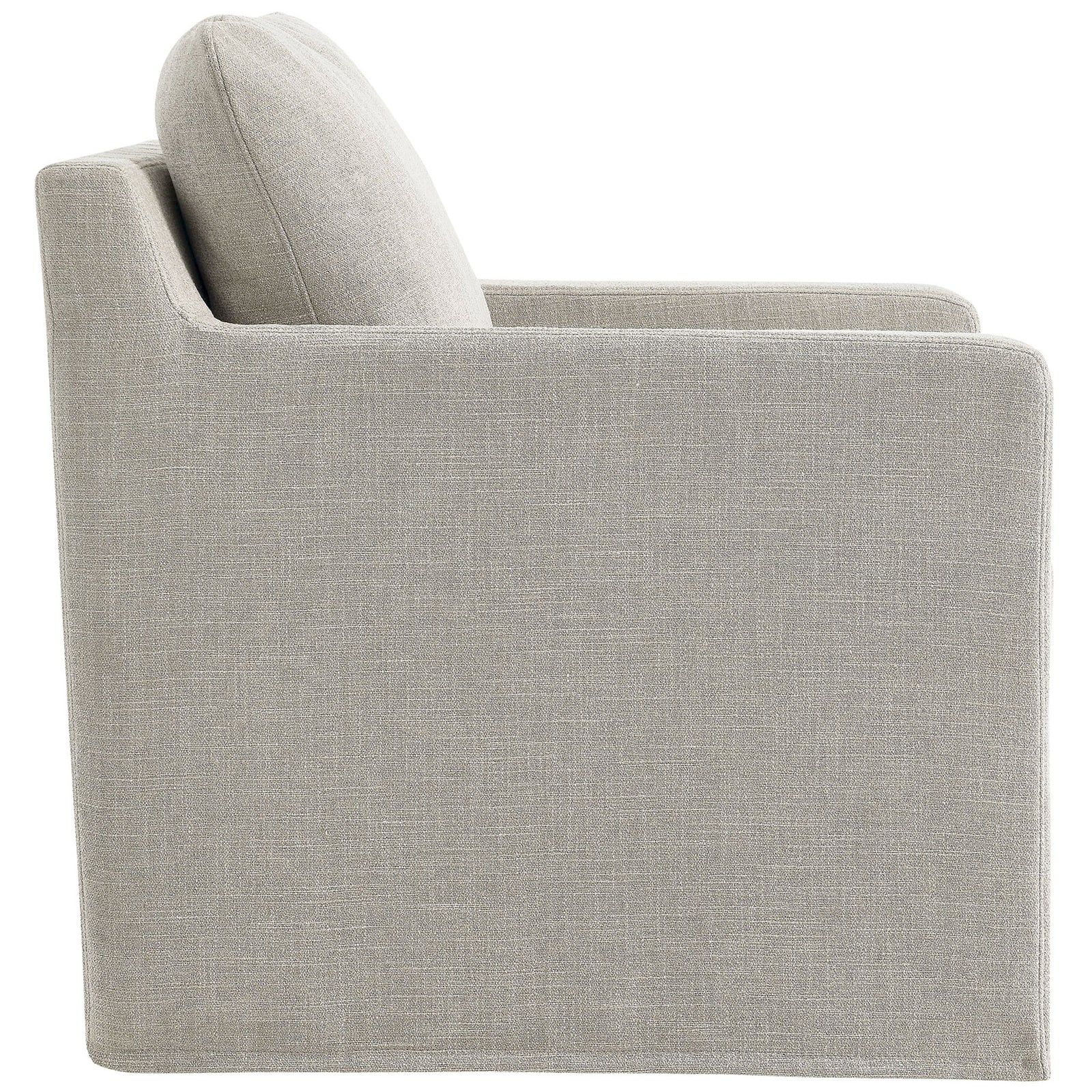 Sleek slipcover drapes to the floor, concealing a discreet iron base with non-marking floor glides || EEI-6910-LIN || side_studio