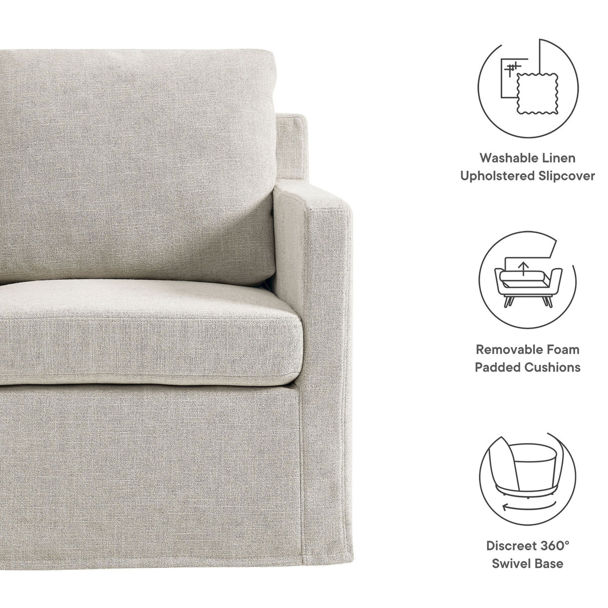 Washable slipcover, removable cushions, and a smooth 360-degree swivel base for everyday living || EEI-6910-LIN || callout_studio