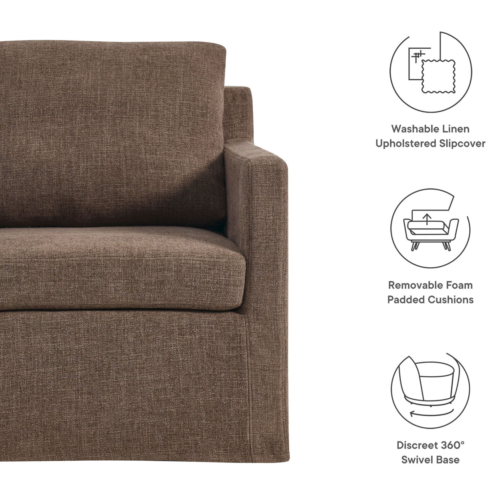 Features washable slipcover, removable foam cushions, and a discreet 360-degree swivel base || EEI-6910-MOC || callout_studio