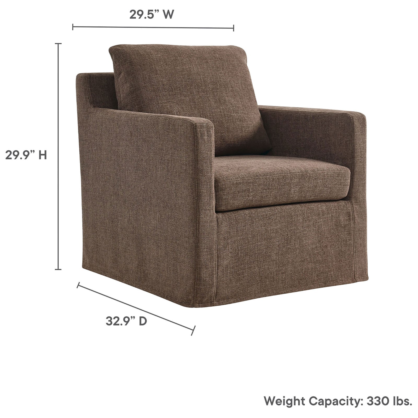 Compact 29.5 inch wide swivel armchair with 29.9 inch height and 32.9 inch depth || EEI-6910-MOC || dimension_studio