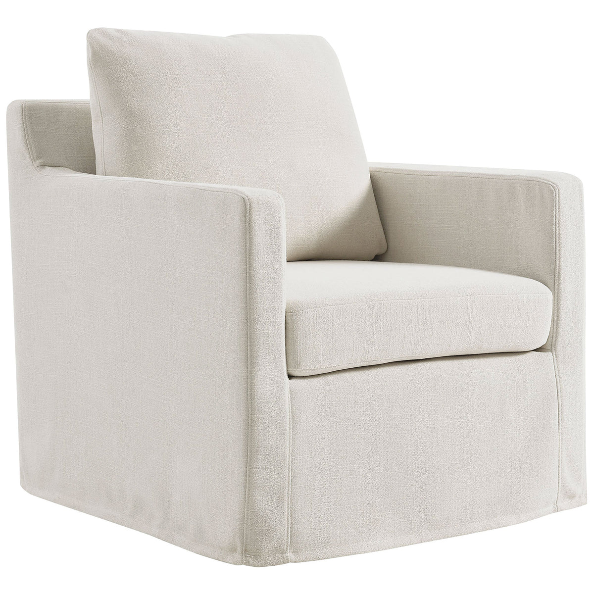 Slipcovered swivel armchair in salt fabric with plush cushions and tailored lines || EEI-6910-SAL || front_angle_studio