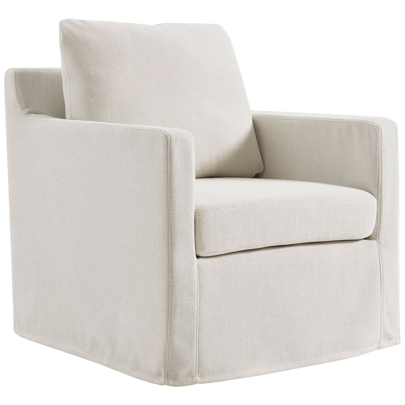 Slipcovered swivel armchair in salt fabric with plush cushions and tailored lines || EEI-6910-SAL || front_angle_studio