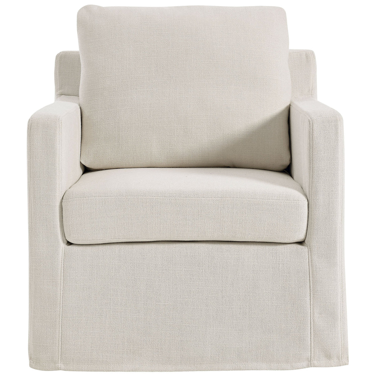 Comfortable cushioned seat and back on a slipcovered swivel armchair in a versatile neutral hue || EEI-6910-SAL || front_studio