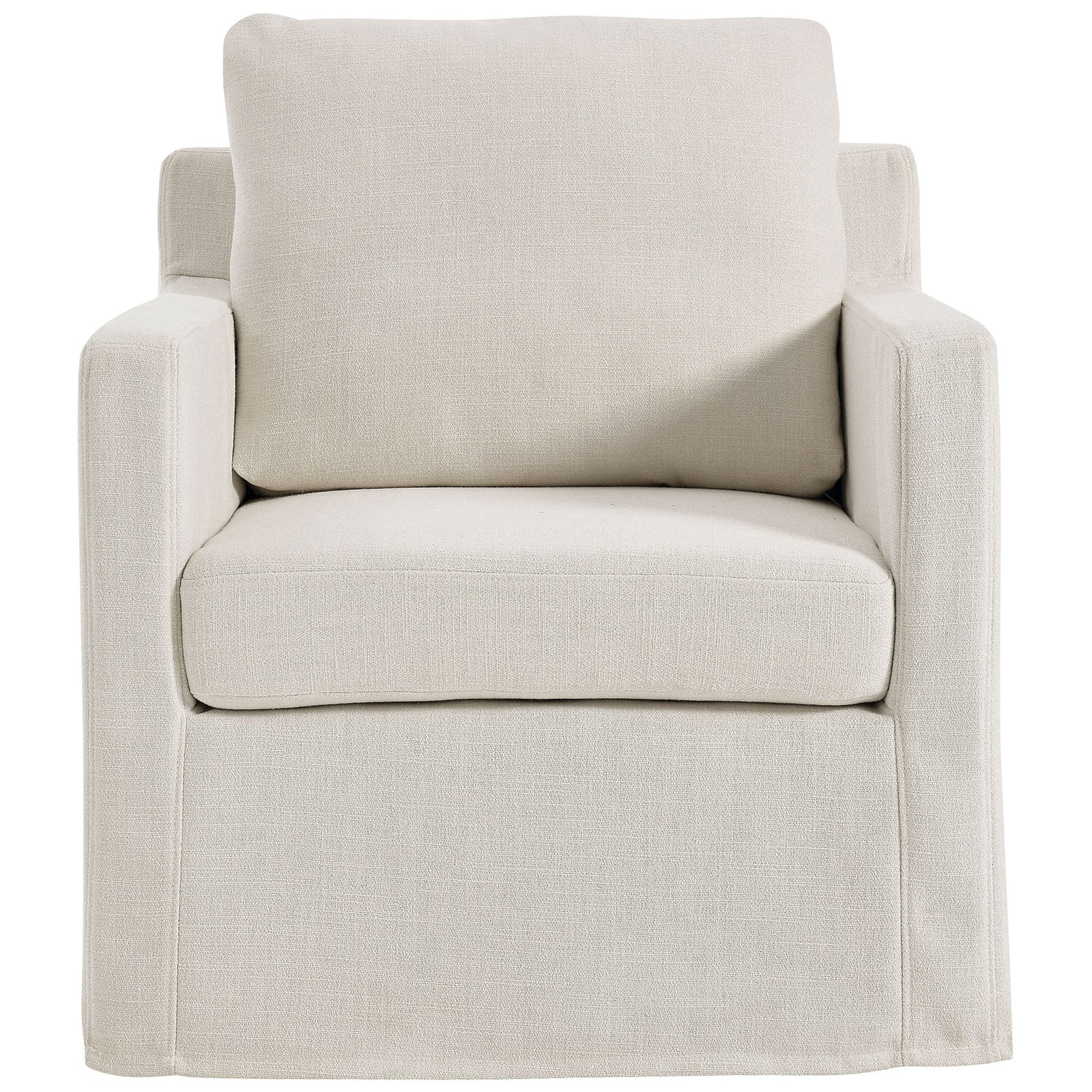 Comfortable cushioned seat and back on a slipcovered swivel armchair in a versatile neutral hue || EEI-6910-SAL || front_studio