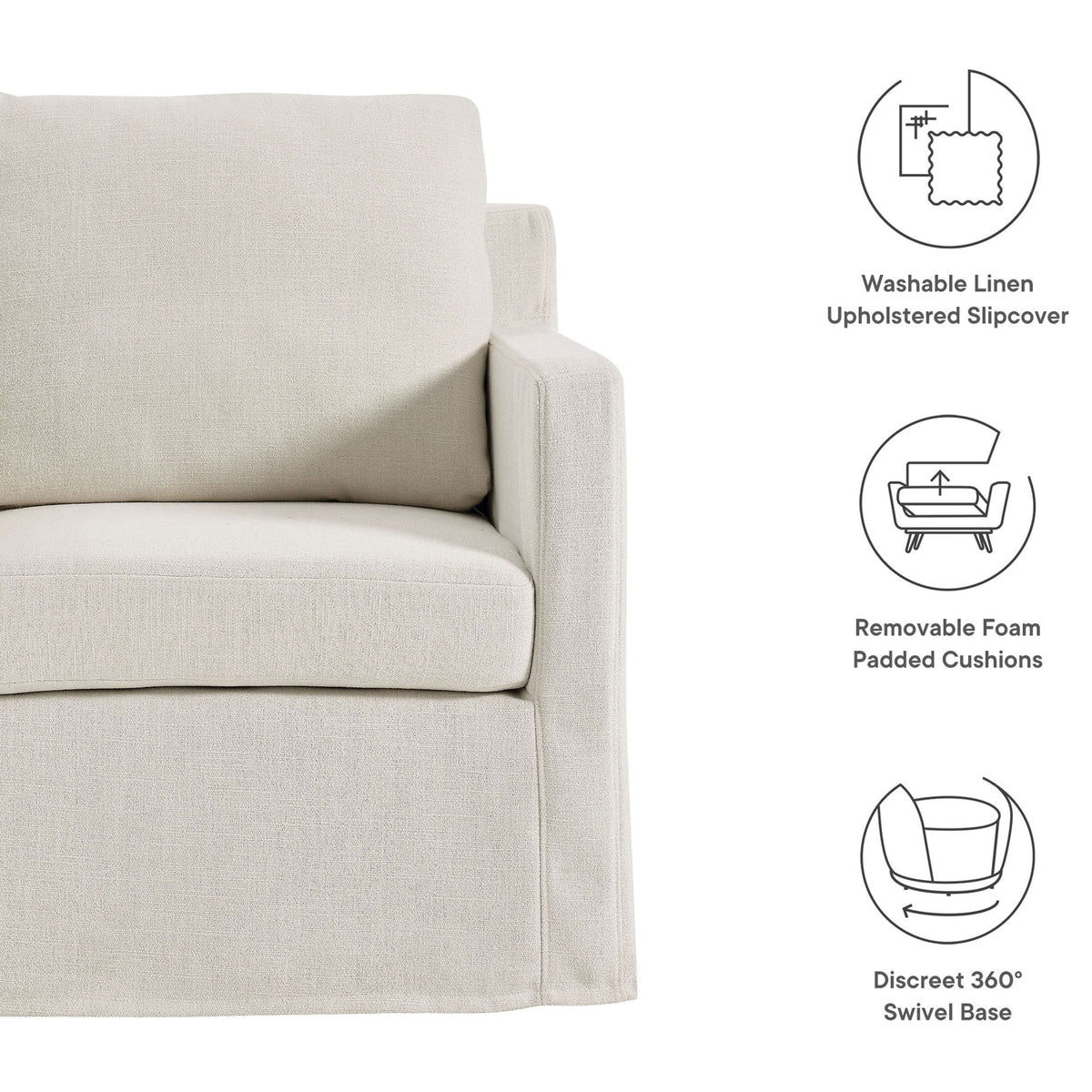 Washable slipcover, removable cushions, and 360-degree swivel base highlighted || EEI-6910-SAL || callout_studio