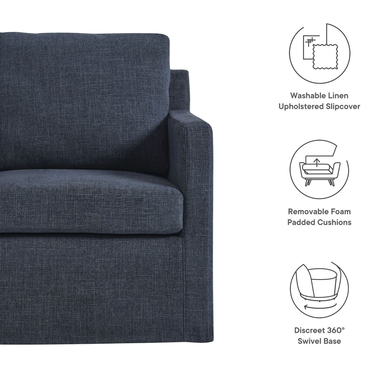 Washable slipcover, removable cushions, and a discreet 360-degree swivel base || EEI-6910-SLB || callout_studio
