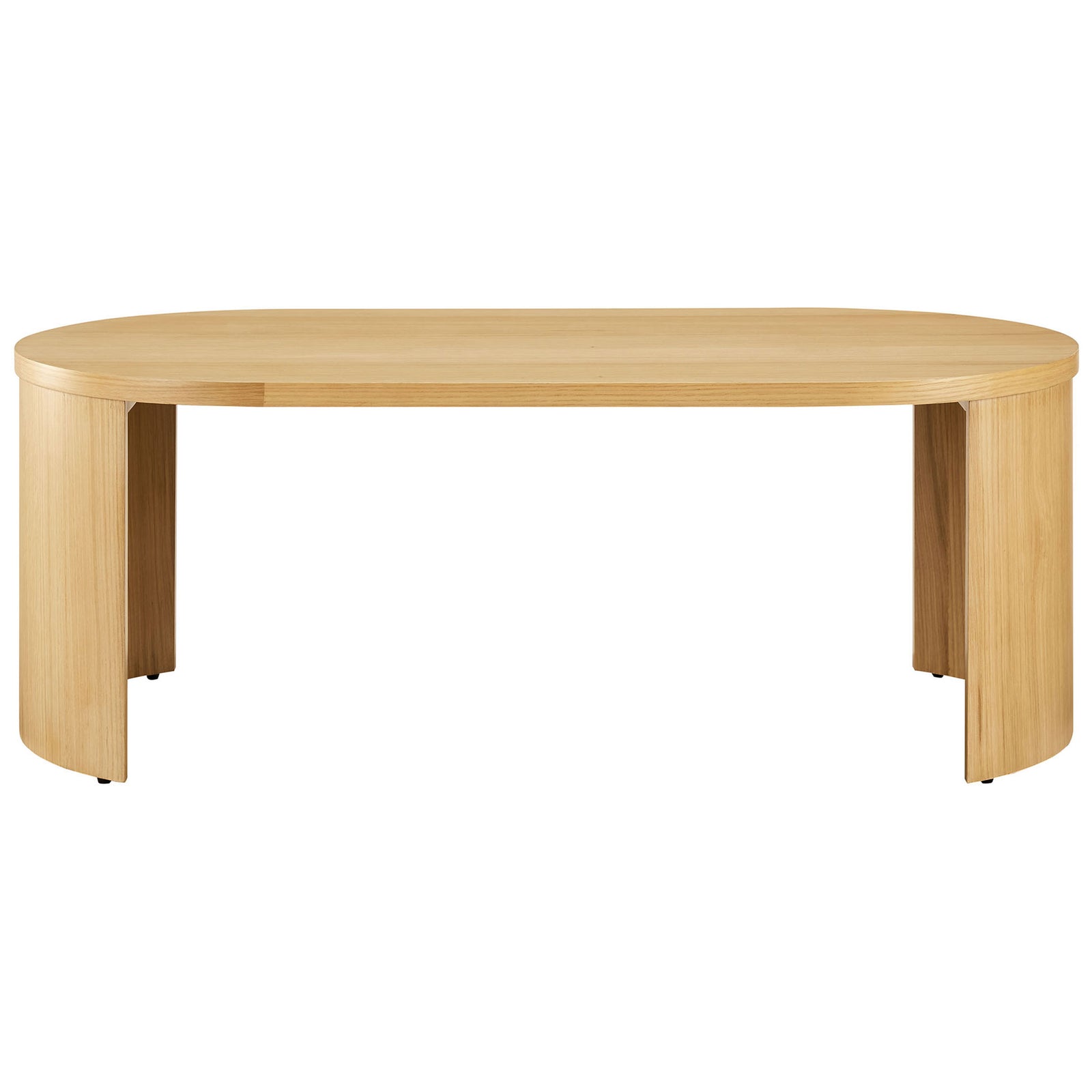 Oval oak coffee table with smooth wood grain and reversible arched panel legs || EEI-6911-OAK || front_studio