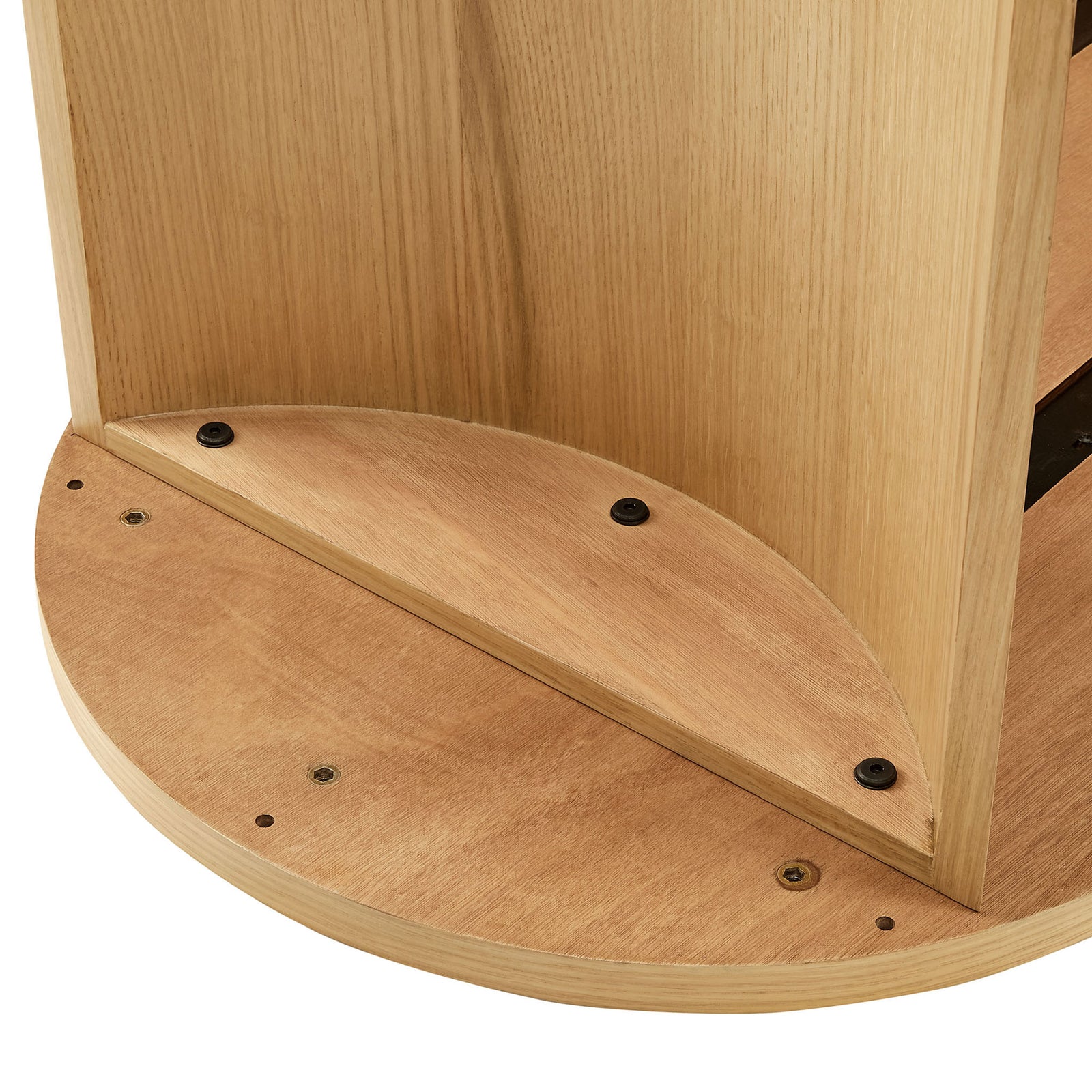 Adjustable non-marking levelers on the arched base help keep the table steady || EEI-6911-OAK || leg_studio