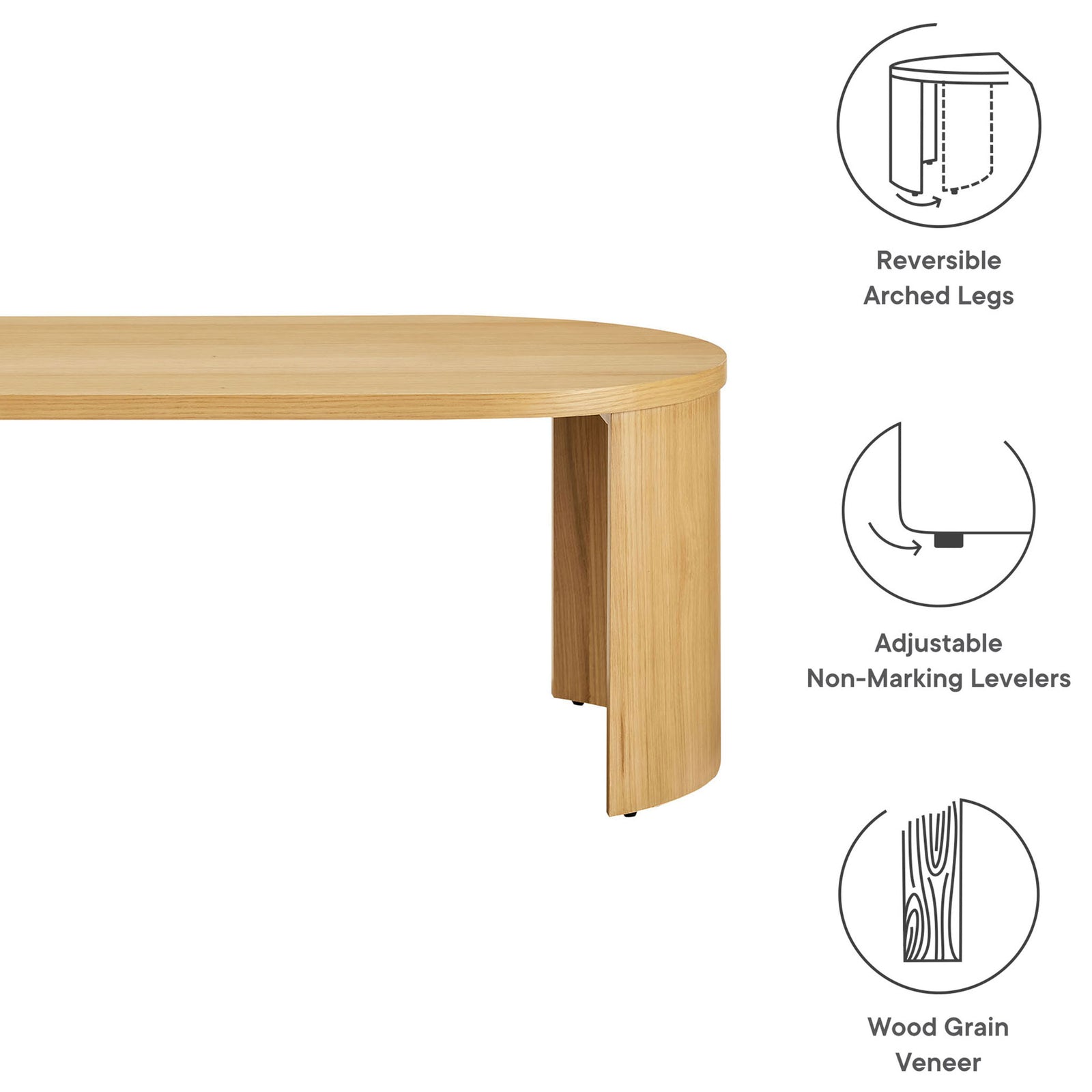 Features reversible arched legs, adjustable non-marking levelers, and wood grain veneer || EEI-6911-OAK || callout_studio