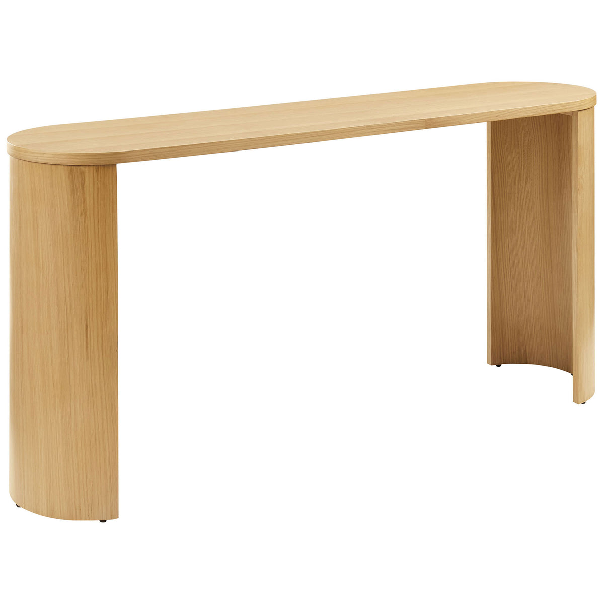 Contemporary oval entryway table in oak finish showcasing graceful arches and clean, minimalist lines || EEI-6912-OAK || front_angle_studio