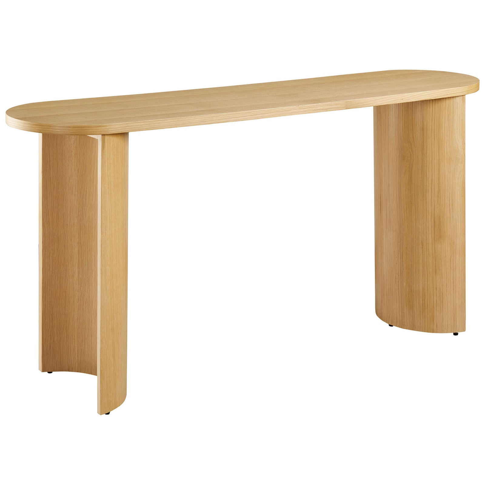Oak veneer sofa table with elongated oval top and sculptural end panels that elevate modern spaces || EEI-6912-OAK || front_angle_studio