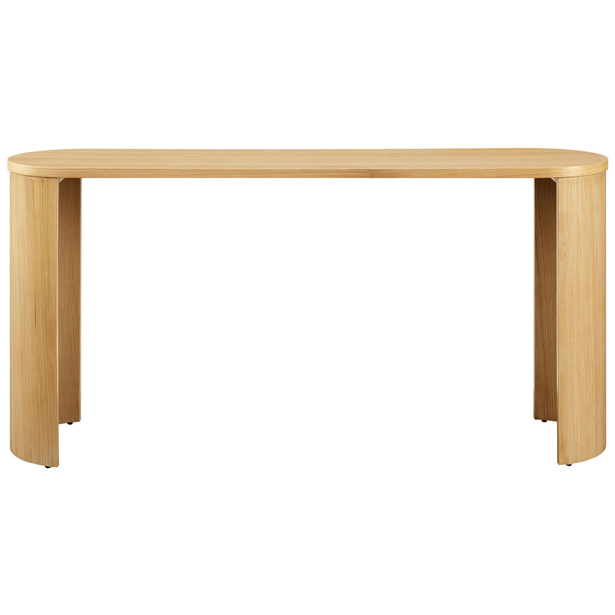 Sleek oval oak console table with reversible arched legs and a slim, hallway-friendly profile || EEI-6912-OAK || front_studio