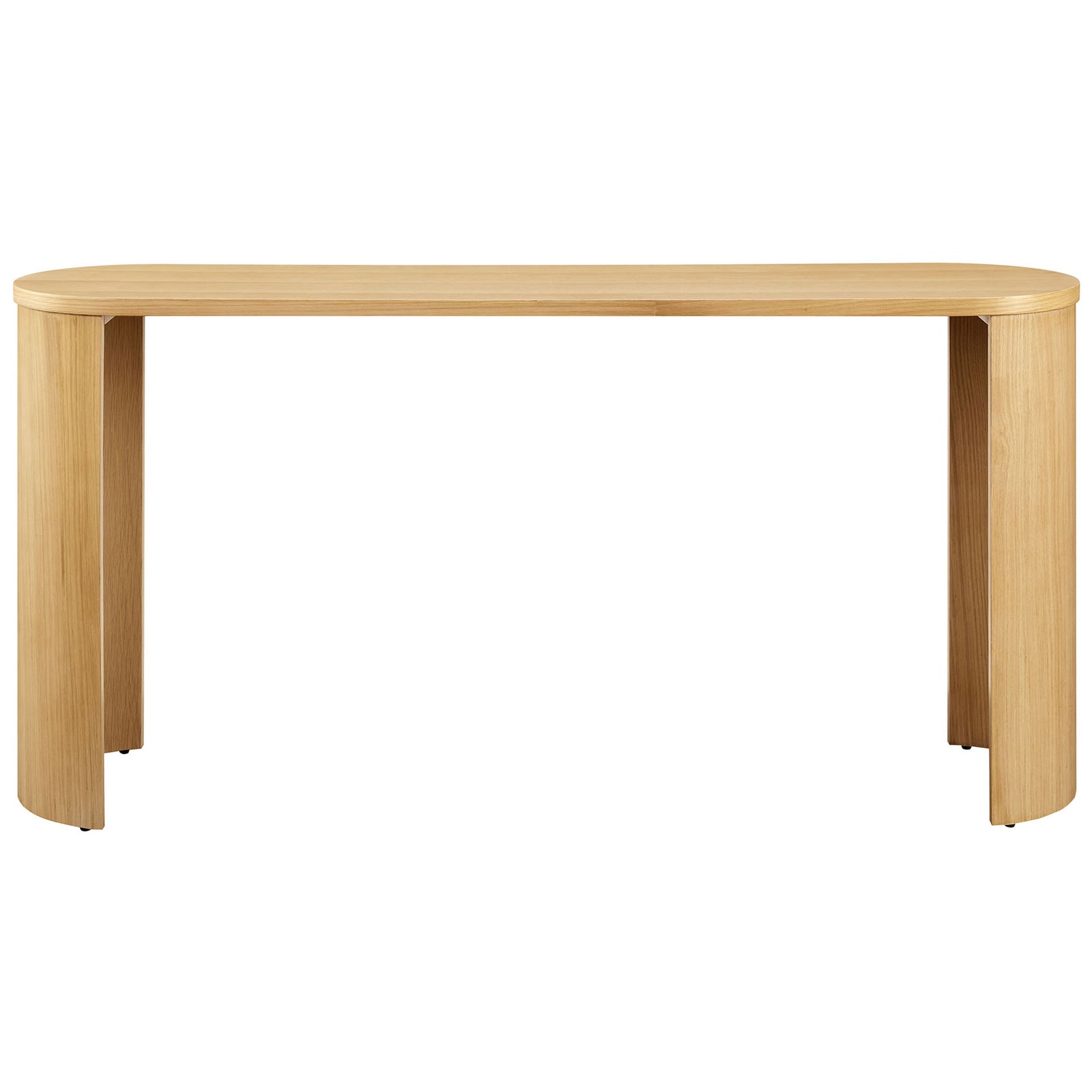 Sleek oval oak console table with reversible arched legs and a slim, hallway-friendly profile || EEI-6912-OAK || front_studio