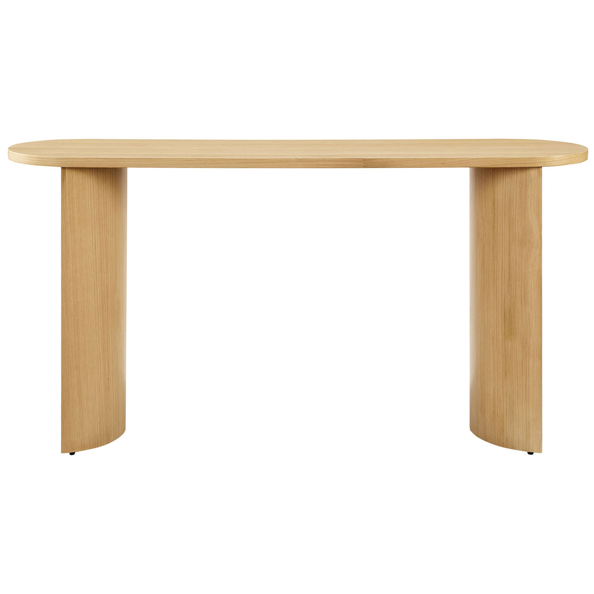 Streamlined oak veneer console with softly rounded edges and customizable arched leg orientation || EEI-6912-OAK || front_studio