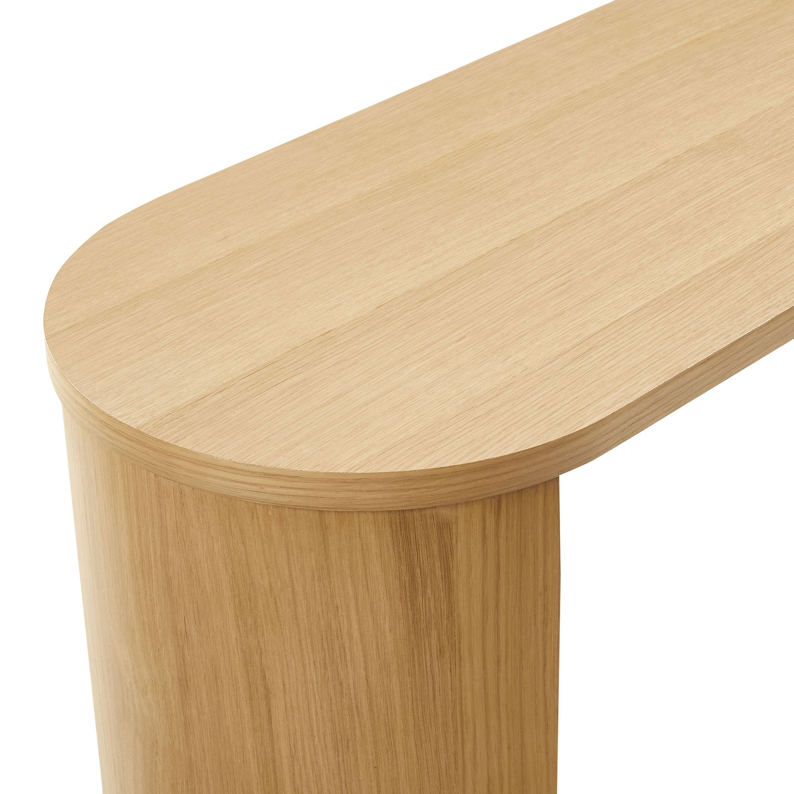 Rounded tabletop corner showcases the natural oak grain and 1-inch-thick veneer-wrapped edge || EEI-6912-OAK || detail_studio