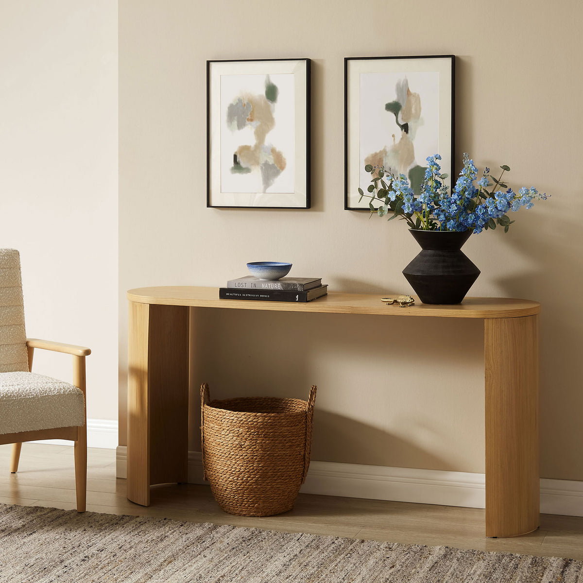 Warm oak console brings organic texture and modern simplicity to living spaces and entryways || EEI-6912-OAK || front_angle_room