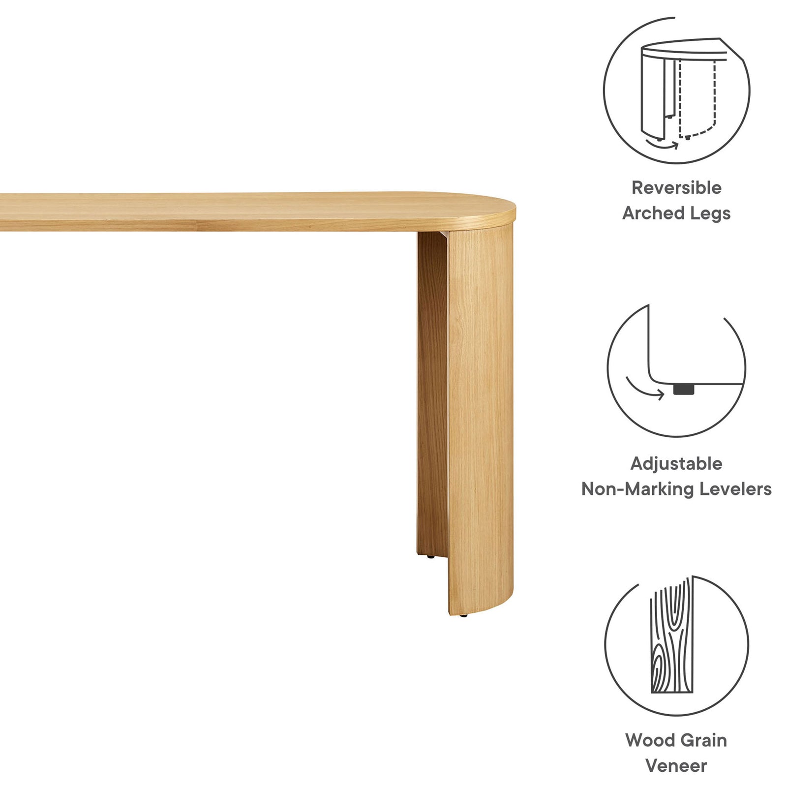 Key features include reversible arches, wood grain veneer, and adjustable levelers for easy placement || EEI-6912-OAK || callout_studio