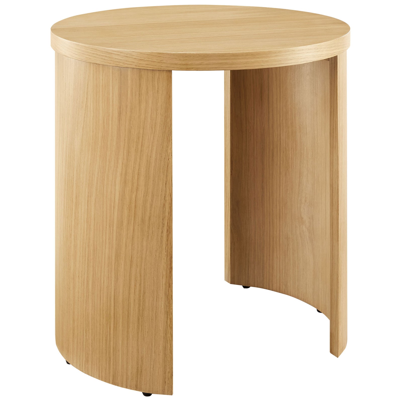 Oak end table showcasing the curved arched base and rounded wood tabletop profile || EEI-6913-OAK || front_angle_studio