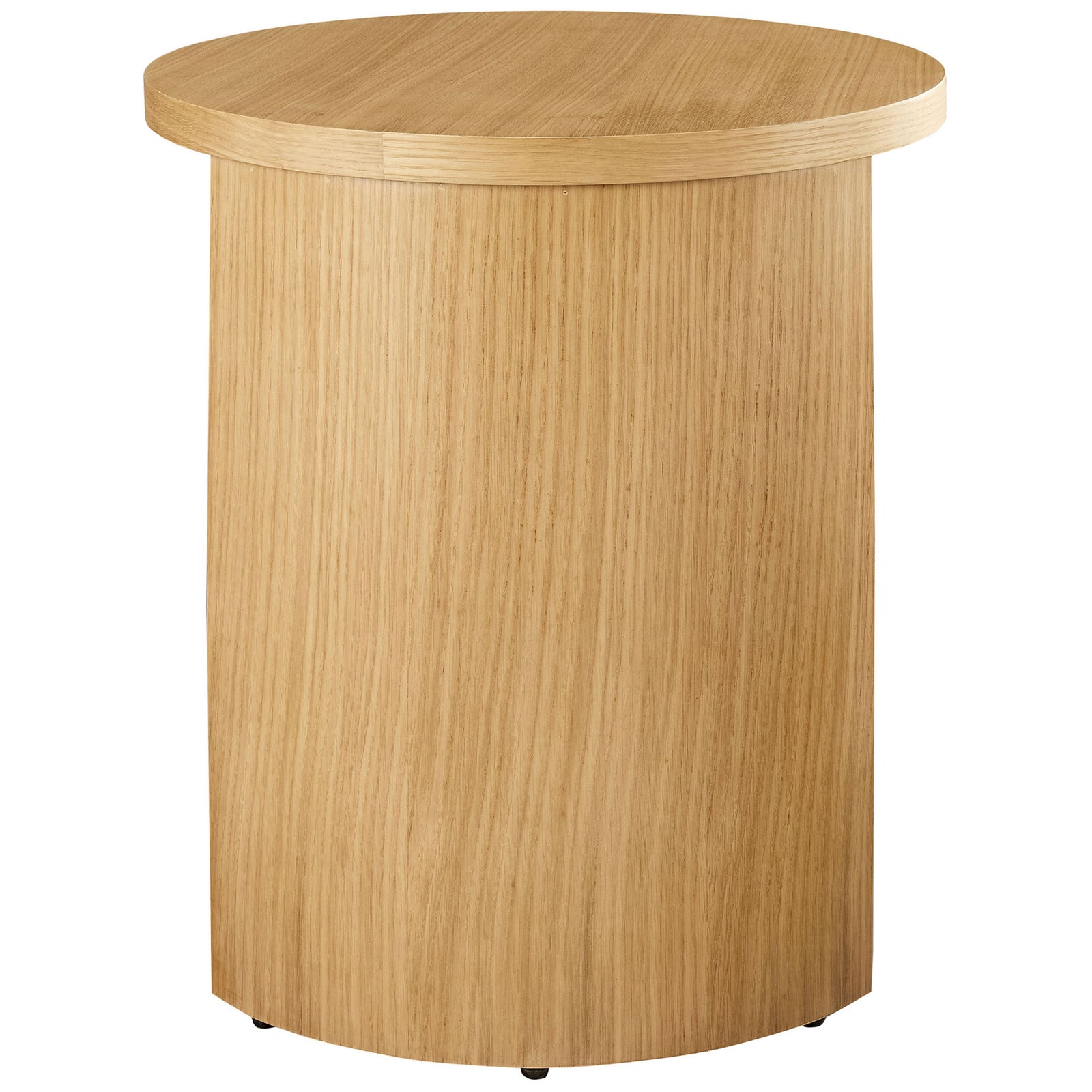 Oak end table with seamless wood panel base creating a sleek cylindrical silhouette || EEI-6913-OAK || back_angle_studio
