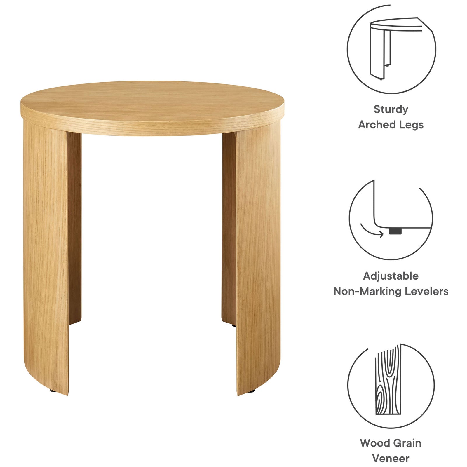 Oak round end table with icons highlighting sturdy arched legs, levelers, and wood grain veneer || EEI-6913-OAK || callout_studio