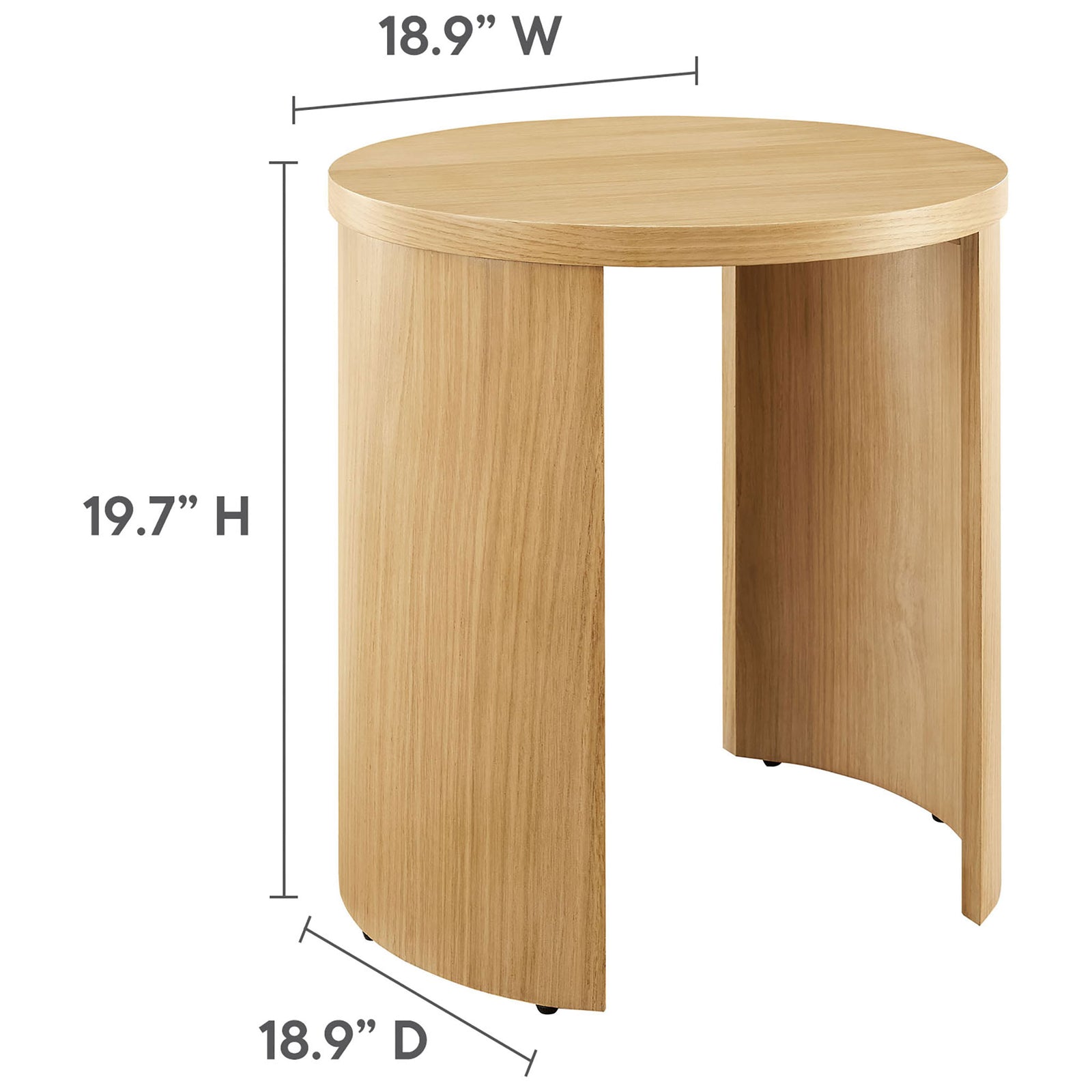 Oak round end table with height, width, and depth dimensions labeled for easy sizing || EEI-6913-OAK || dimension_studio