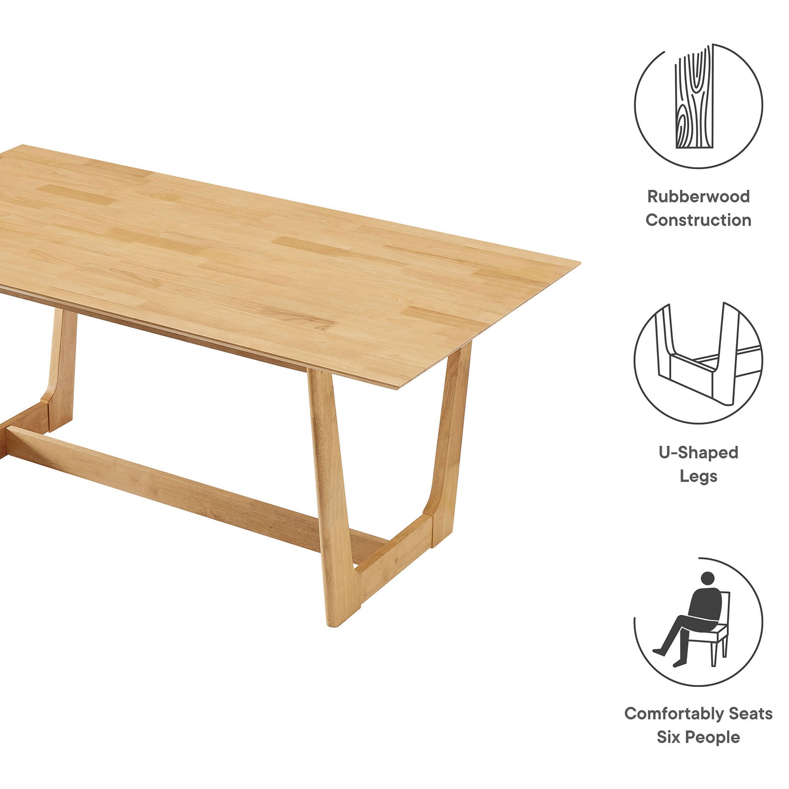 Feature graphic highlights rubberwood construction U shaped legs and seating for six || EEI-6914-NAT || callout_studio